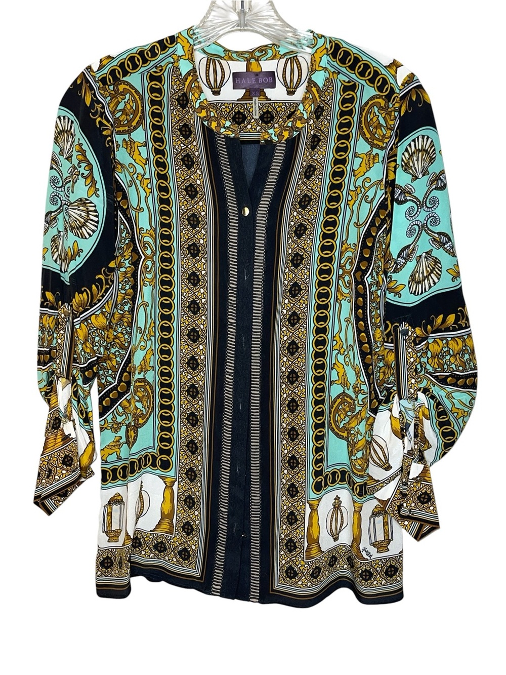 Hale Bob Printed Silk Tab Sleeve Blouse Sz XS